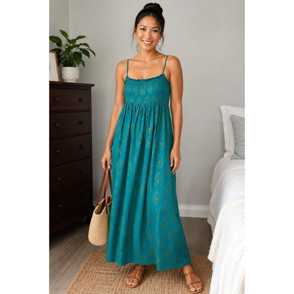 Denim & Supply Ralph Lauren Large Teal Gold Print Maxi Dress Smocked Side Slit